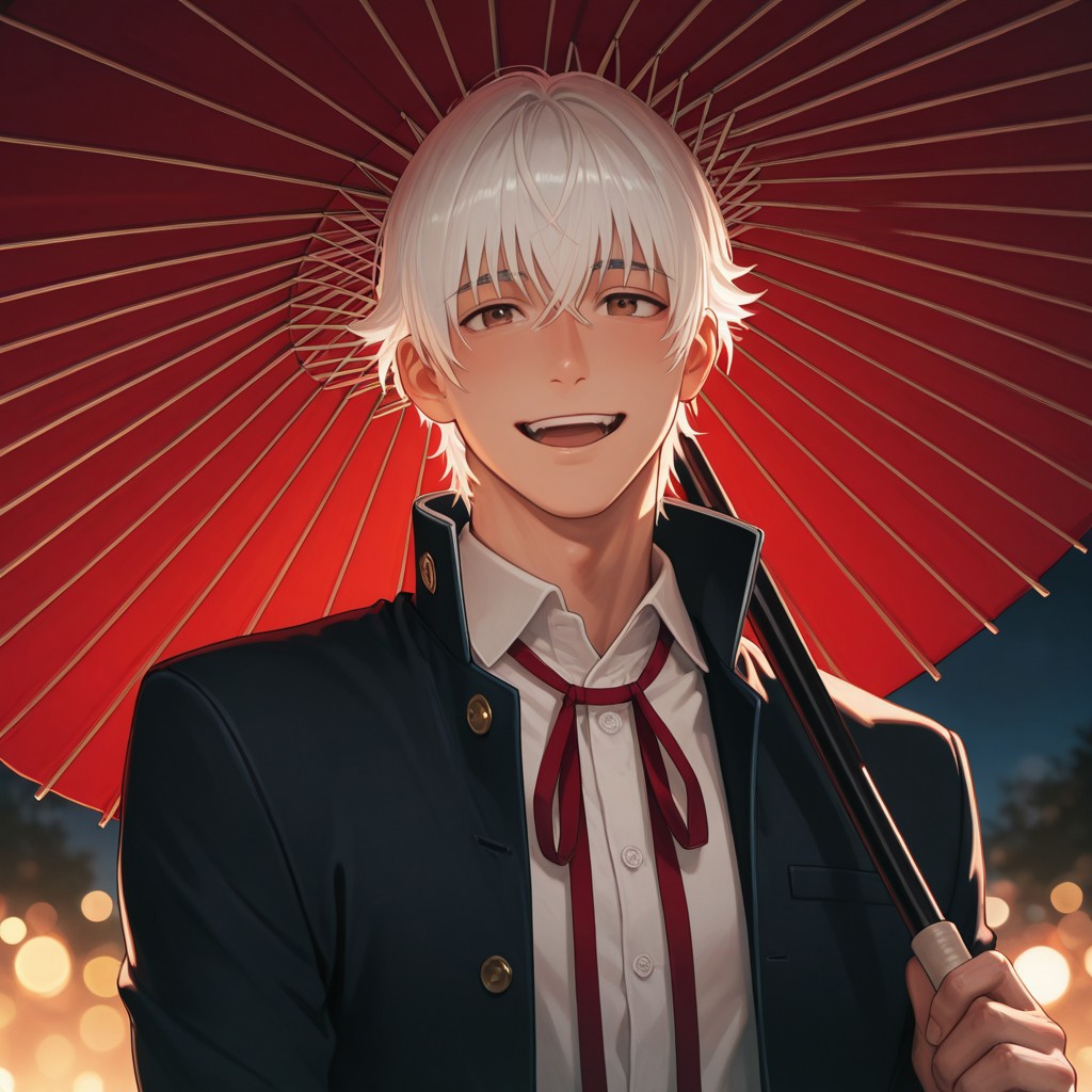 masterpiece, best quality, amazing quality, absurdres, newest, detailed background, definition so sharp, Ultra-HD, 8K cinematic, very awa, impressionate, amazing quality, highres, 
solo, male focus, manly, mature male, bara, bokeh, night, warm light, blurry background, outdoor, 
yashiroisana, 1boy, short hair, bangs, shiro_white hair, shiro_brown eyes, gakuran, white collared shirt, red neck ribbon, oil-paper umbrella, holding umbrella, close umbrella,
smile, happy face, open mouth