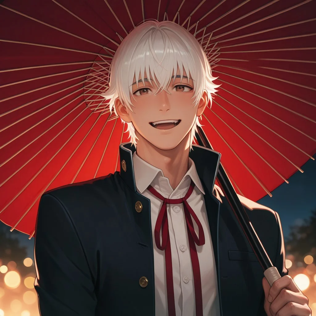 masterpiece, best quality, amazing quality, absurdres, newest, detailed background, definition so sharp, Ultra-HD, 8K cinematic, very awa, impressionate, amazing quality, highres,
solo, male focus, manly, mature male, bara, bokeh, night, warm light, blurry background, outdoor,
yashiroisana, 1boy, short hair, bangs, shiro_white hair, shiro_brown eyes, gakuran, white collared shirt, red neck ribbon, oil-paper umbrella, holding umbrella, close umbrella,
smile, happy face, open mouth