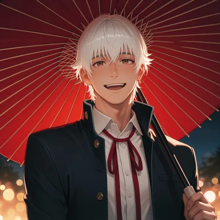 masterpiece, best quality, amazing quality, absurdres, newest, detailed background, definition so sharp, Ultra-HD, 8K cinematic, very awa, impressionate, amazing quality, highres,
solo, male focus, manly, mature male, bara, bokeh, night, warm light, blurry background, outdoor,
yashiroisana, 1boy, short hair, bangs, shiro_white hair, shiro_brown eyes, gakuran, white collared shirt, red neck ribbon, oil-paper umbrella, holding umbrella, close umbrella,
smile, happy face, open mouth