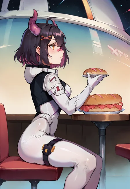 score_9, score_8_up, score_7_up, uncensored, source_anime, 1girl,  <lora:sprainhoeXLPony-000006:1> rainhoespc, demon horns, x hair ornament, bandaid on nose, hairclip, white bodysuit, spacesuit, white gloves, thigh strap, thinking, from side, cafeteria, bread, table