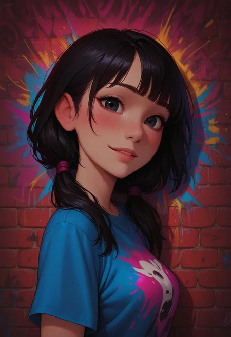 masterpiece, best quality, amazing quality, p0nyd1sney1ncasev1x0n2:1.5, 1girl, 25 years old, perfect face,
from side, detailed face, portrait, face focus, depth of field, looking at viewer, blush, shy smile, (close up),
black eyes,
black hair, low twintails,
blue shirt, print shirt,
graffiti, colorful, mural, spray paint, brick wall,