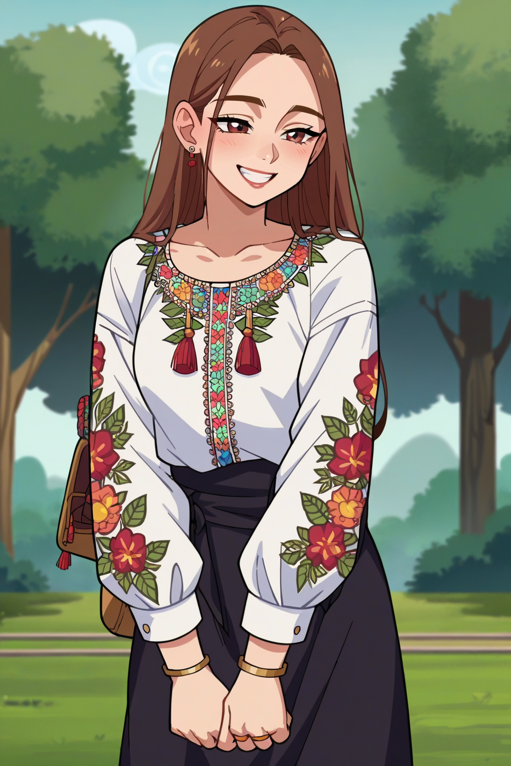 score_9, score_8_up, score_7_up, score_6_up, score_5_up, score_4_up, BREAK source_anime,anime screencap,rating_explicit,1girl,solo,anime screencap,smile
edgVyshivanka, a woman in a white blouse and black skirt ,wearing edgVyshivanka, edgVyshivanka_style_embroidery
 <lora:edgVyshivankaPony:1>