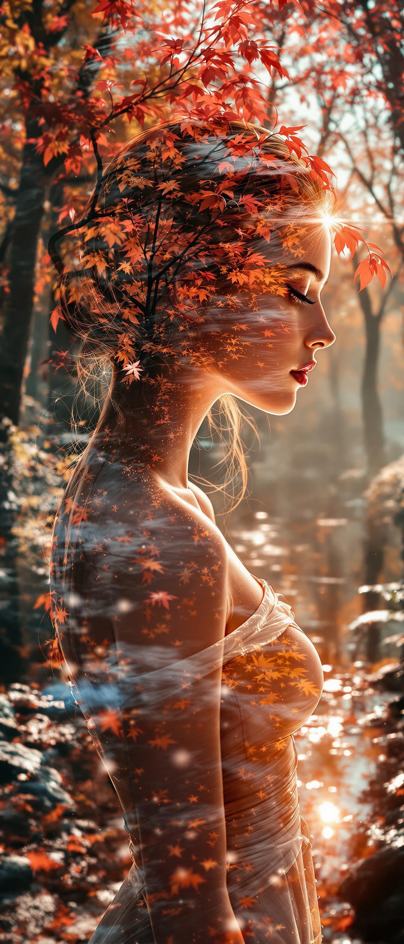 Ultra-High Details, Vogue, Award-Winning Cinematic Fine Art Portrait Masterpiece, A Dreamy Double Exposure Portrait with Rembrandt Lighting Of a Young Woman Wearing a Very Sleek Hot Style Standing Near a Creek Bed, Surrounded by Gorgeous Trees and God Rays, Fantasy Background