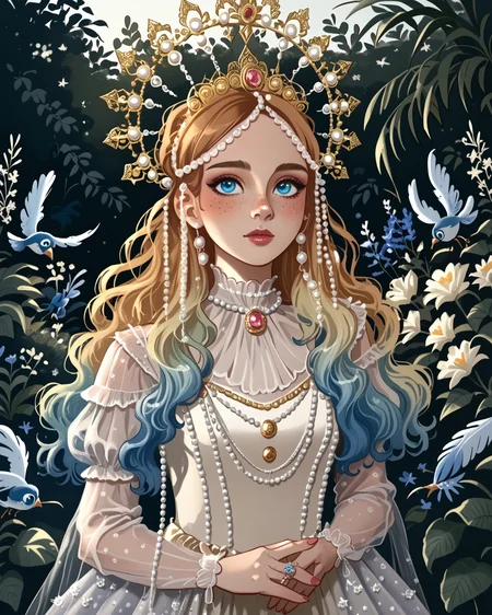 1girl, halocro, pearls, peacock feathers, (ornate dress:0.9), gradient hair, long hair, freckles, deep blue eyes, garden, extremely detailed clothing, intricate details, digital art, masterpiece, absurdres, highest quality, score_9, score_8_up, score_7_up, <lora:HaloCrown_XL:1.1>, <lora:MSMLN:0.6> MSMLN