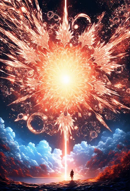 professional 3d model masterpiece,high score,great score,absurdres,  ., a colorful fireworks display in the sky with a blue sky background and a field below it with a few trees [21], <lora:R0k00Gl0w1ngHD:1>, (R0k00Gl0w1ngHD, glowing, light particles, space art, generative art, Android Jones, Benoit B. Mandelbrot, fantasy art, concept art, fractals, abstract art), cloudy sky [2],shore [1], . octane render, highly detailed, volumetric, dramatic lighting