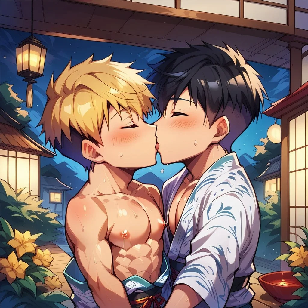 score_9, score_8_up, score_7_up, score_6_up, masterpiece, uncensored, best quality, amazing quality, best aesthetic, absurdres, intricate details, source_anime, yaoi, gay BREAK 2boys, 18 years old, blonde hair, black hair, pixie cut, red eyes, yellow eyes, pecs, nipples, kimono, revealing clothes BREAK kissing, closed eyes BREAK outdoors, Japanese festival, flower, lantern, night, heart, ch3b3sq4at