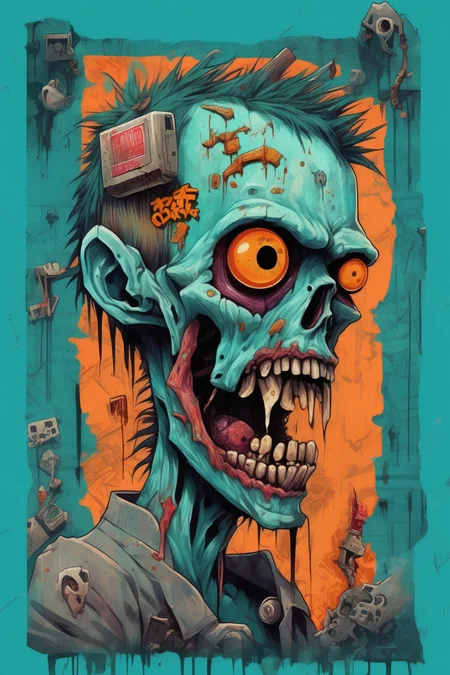 <lora:Liam Wong Style:1>Liam Wong Style - just a rotting zombie ear, in the style of graffiti-inspired illustrations, surreal elements, dark teal and orange, detailed character illustrations, zombiecore, fusion, clockpunk, ruined background and torn paper