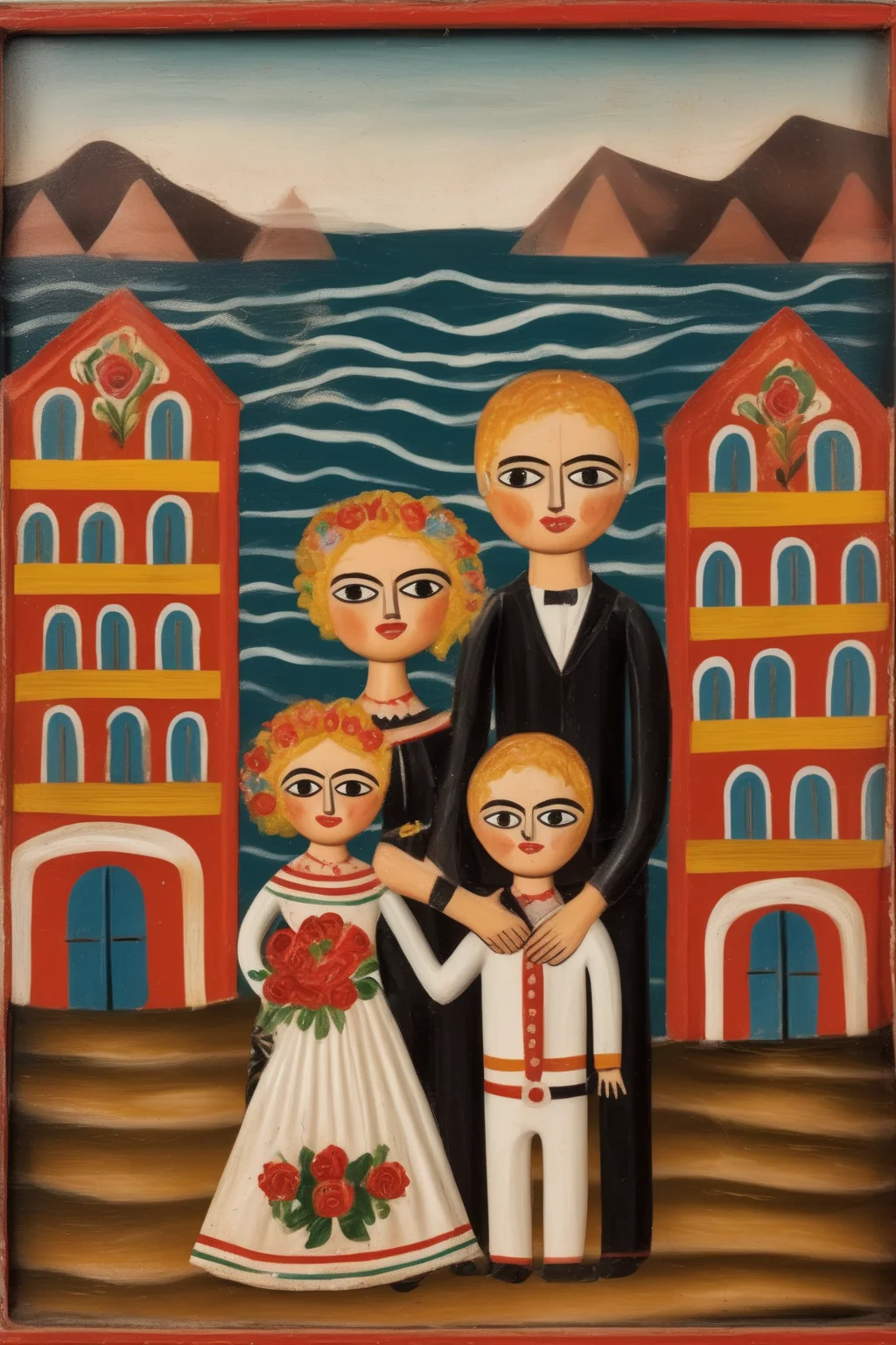 <lora:Folk Art:1>Folk Art - mexican retablo of a wedding scene, a blonde bride holding the hands of the groom and a curly baby boy in the middle, ligurian sea landscape with striped houses, style of mexican ex voto oil painting