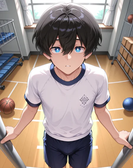 masterpiece,best quality,amazing quality, newest, very aesthetic, absurdres,
1boy, solo, yaoi, male focus, looking at viewer, cowboy shot, standing,
<lora:Noah_Morpheus_ilxl:1> noahmo, black hair, hair between eyes, blue eyes, white pupils,
gym uniform, gym shorts, gym shirt,
indoors, gym, <lora:StS_Age_Slider_Illustrious_v1:1.5>