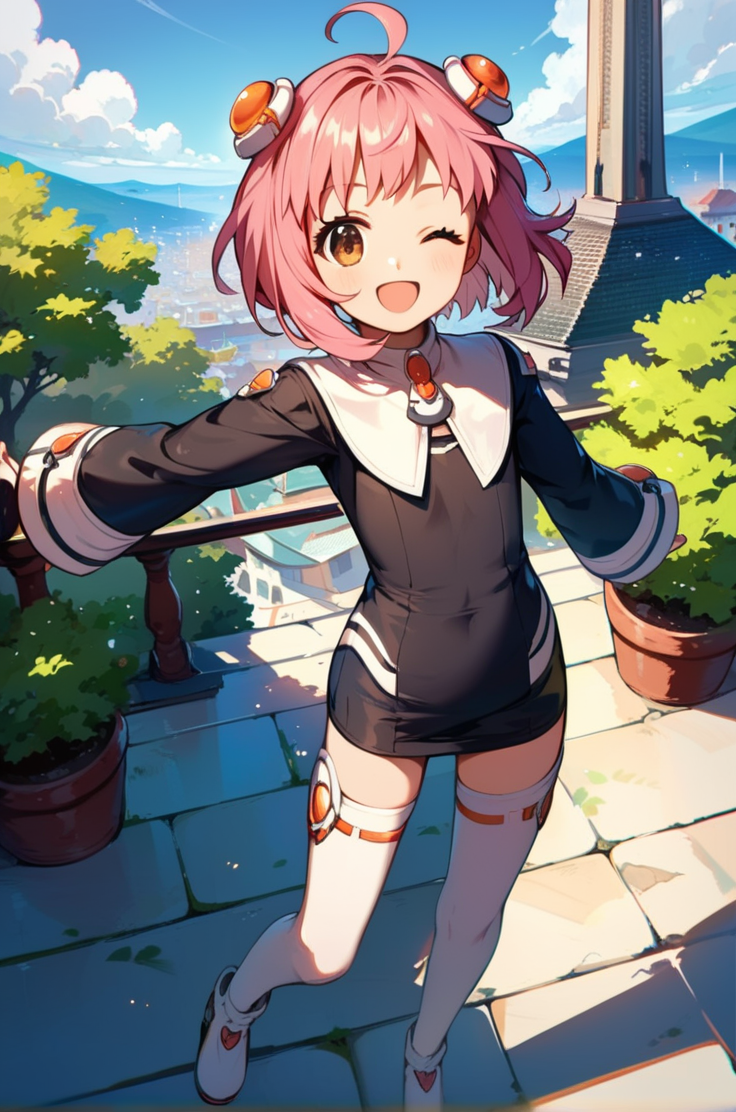score_9, score_8_up, score_7_up, very aesthetic, source_anime, detailed, high quality, beautiful, masterpiece, detailed eyes, 
<lora:lightXL:0.7> 
city view, sakura tree, 
cowboy shot,  close up, dynamic angle, 
flat chest, smile, wink, open mouth, dynamic pose,
<lora:momo1_autismConfetti_v01:0.95>
m.o.m.o., 1girl, pink hair, short hair, hair ornament, ahoge, brown eyes,
black dress, short dress, white thighhighs, zettai ryouiki, white footwear, long sleeves,, zPDXL