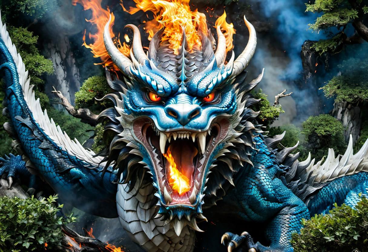 a hiding and grumpy acient chinese dagon concealed by trees, shrubs is peeking out and blowing fire at the viewer, fire underneath dragons scales, the fire burns very intensly lighting up the trees as the dragon breathes fire from its mouth, high up in the Tibetan mountains, blue scales highly detailed, and large white pointy teeth, (large blue and black wing span), and body wraps around all the trees, (in the background in the mountains is a Tibetan monasteries with monks in in orange gowns, uhd, 8k, intense lighting, award winning masterpiece, extremely detailed, detailed background, cinematic, complex and multidimensional lighting,