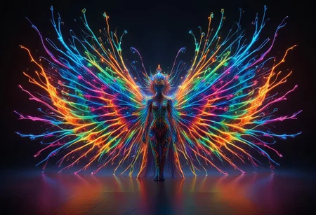 a fire entity whit multicolored flames, professional photography of an fantastical warrior fairy princess entirely made of cyberflies with whimsical elements, swirling magic, eerie fairytale landscape, elaborate fantasy style art, very colorful, intricate details, ultra sharp, exquisite detail, flawless composition, vivid colors, masterpiece, exciting background, TAS, TASvisuals, Psychedelic , Rave, Elaborate , Blacklight , Vibrant , cyberflies, black light paint, blp, Colorful Chaos Cracks and Drops, mad-glowtiedye, made out of,colorful,liquid,Murano Art Glass