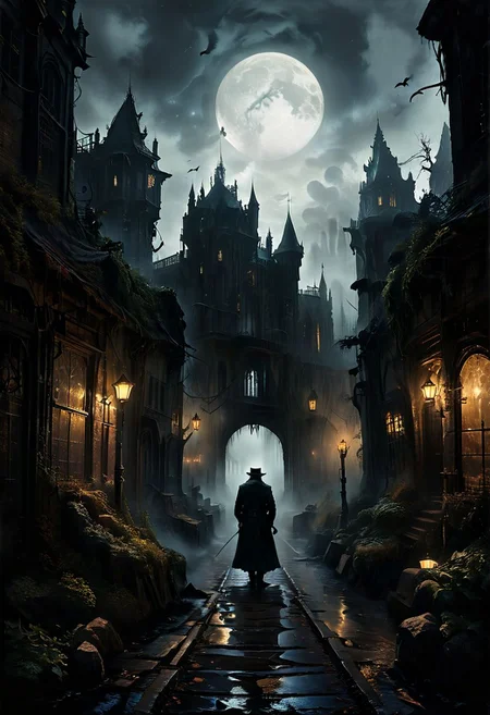 ((By Anton Semenov art style:1.4)), Hogwarts Castle Gothic Horror by Edgar Allan Poe,A fog-laden Victorian street at midnight, where a lone detective follows a trail of cryptic clues, only to find himself drawn into a labyrinth of shadows and whispers, where the line between reality and nightmare blurs with every step." This prompt evokes the sense of mystery and dread that permeates Poe's work, such as in "The Murders in the Rue Morgue.", strangecomposition, corcoc2s, c2s