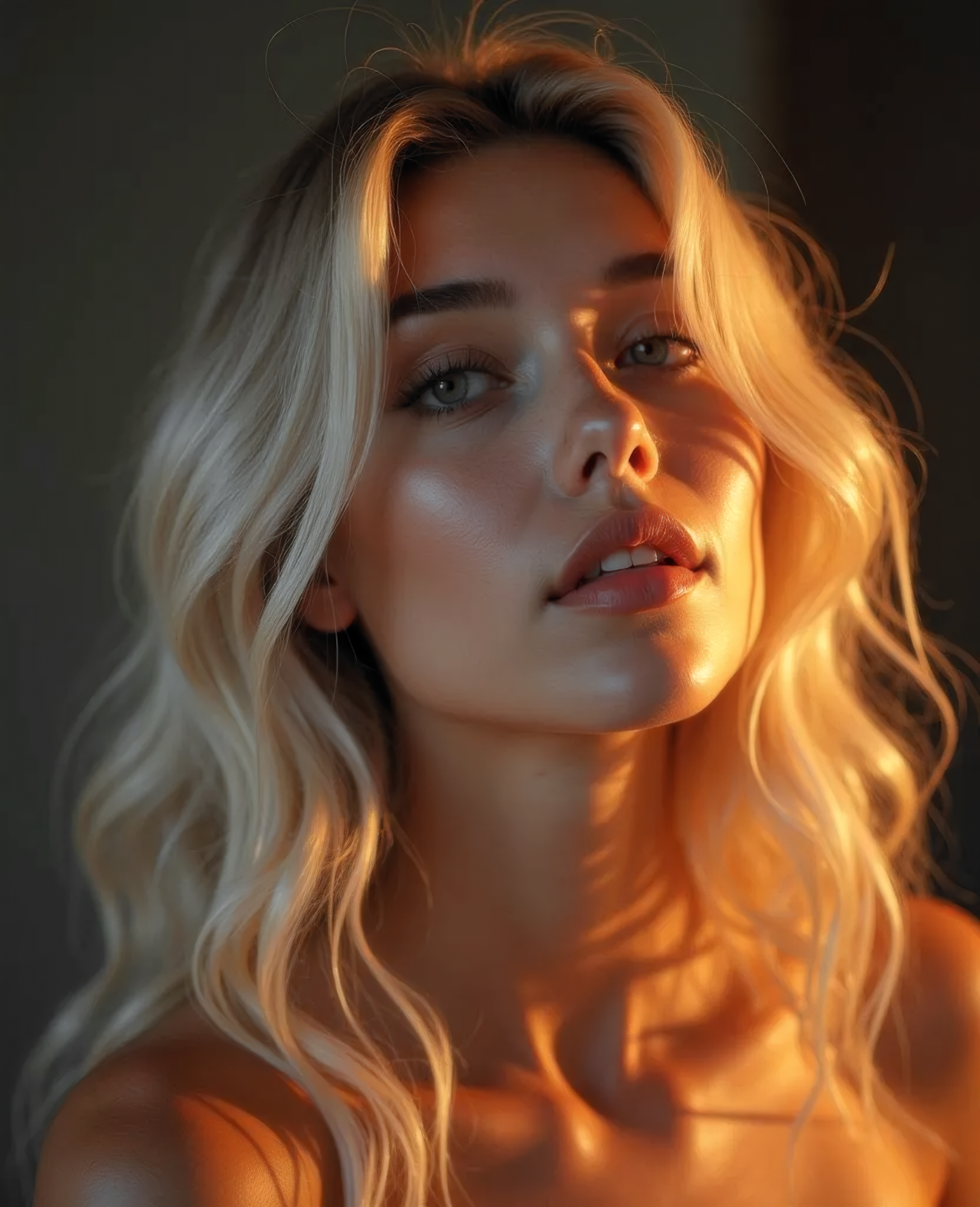 she is beautiful like the Venus, she is hot like the Sun, she is mysterious like the Moon, she is caring like the Earth. She is the Love of my dreams, she is my passion that slowly kills. Incredibly detailed exciting 16K RAW UHD photograph featuring a beautiful 20-year-old blonde woman gently smiling, professional lighting effects