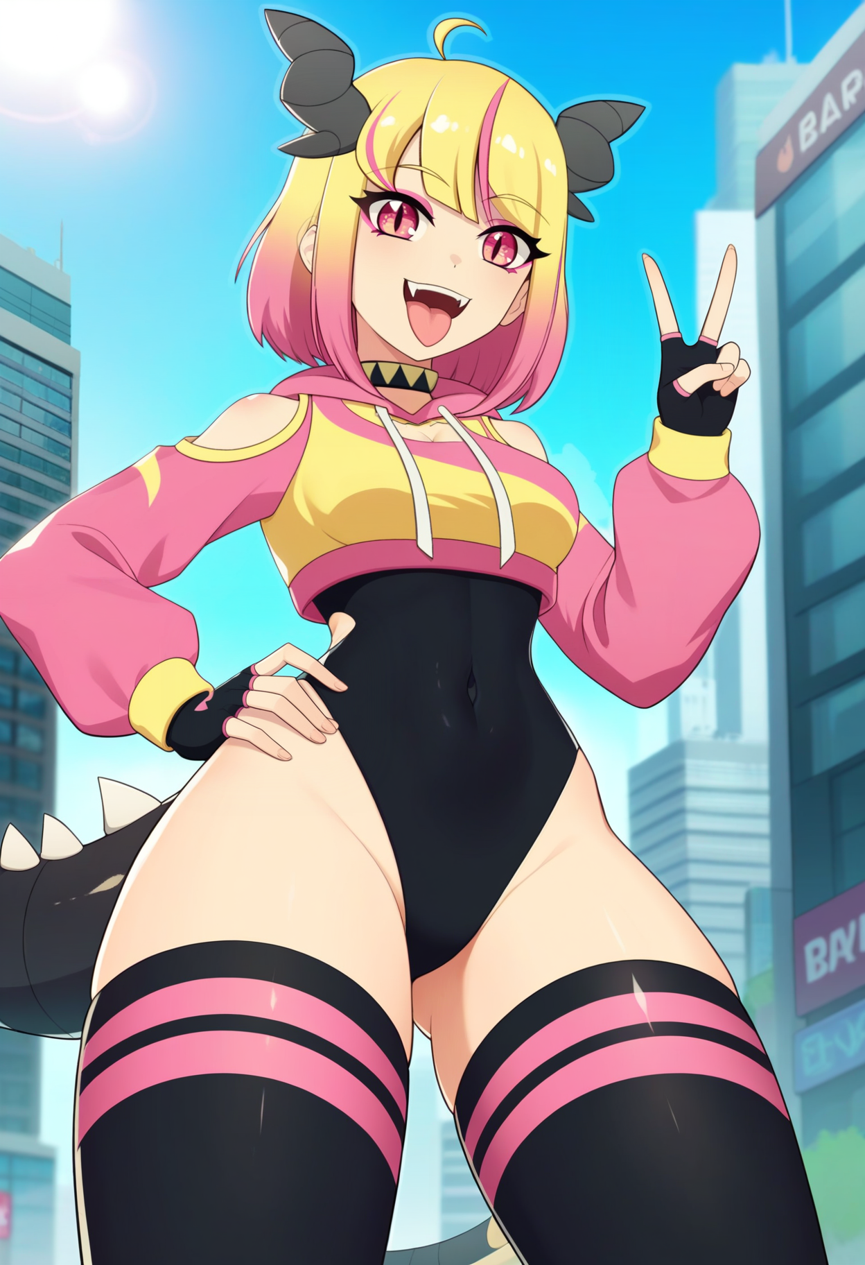 score_9, score_8_up, score_7_up, score_6_up, BREAK  <lora:Keiki-Hotoshi:1>, Keiki-Hotoshi, 1girl, blonde hair, gradient hair, streaked hair, pink hair, pink eyes, tail, ahoge, pink eyeshadow, horns, bangs, short hair, medium breasts, 
striped thighhighs, black thigh boots, black fingerless gloves, choker, yellow pink cropped hoodie, shoulder cutout, cleavage cutout, black leotard, covered navel, hood down, 
solo, from below, standing, hand on own hip, smile, looking at viewer, open mouth, fangs, tongue out, v sign, hand up, 
BREAK cityscape, city, building, sunlight, day, blue sky, shadow,