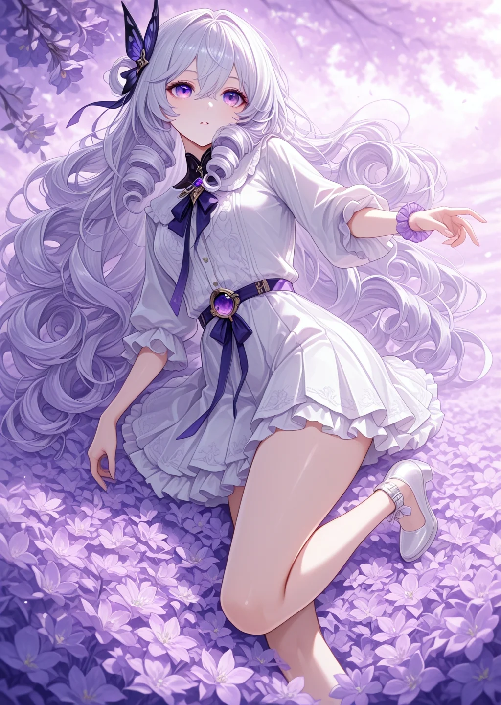 general, masterpiece, best quality, amazing quality, very aesthetic, absurdres, newest,eyesHD, high gradient eyes, detailed eyes, high definition eyes, long hair, hair ringlet, hair between eyes, purple eyes, white hair, light purple hair