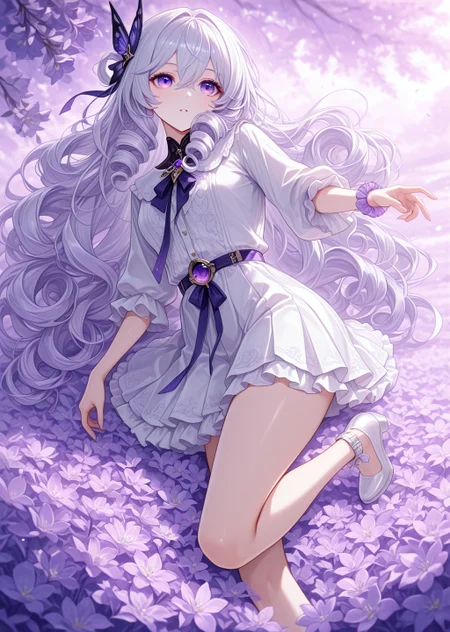 general, masterpiece, best quality, amazing quality, very aesthetic, absurdres, newest,eyesHD, high gradient eyes, detailed eyes, high definition eyes, long hair, hair ringlet, hair between eyes, purple eyes, white hair, light purple hair