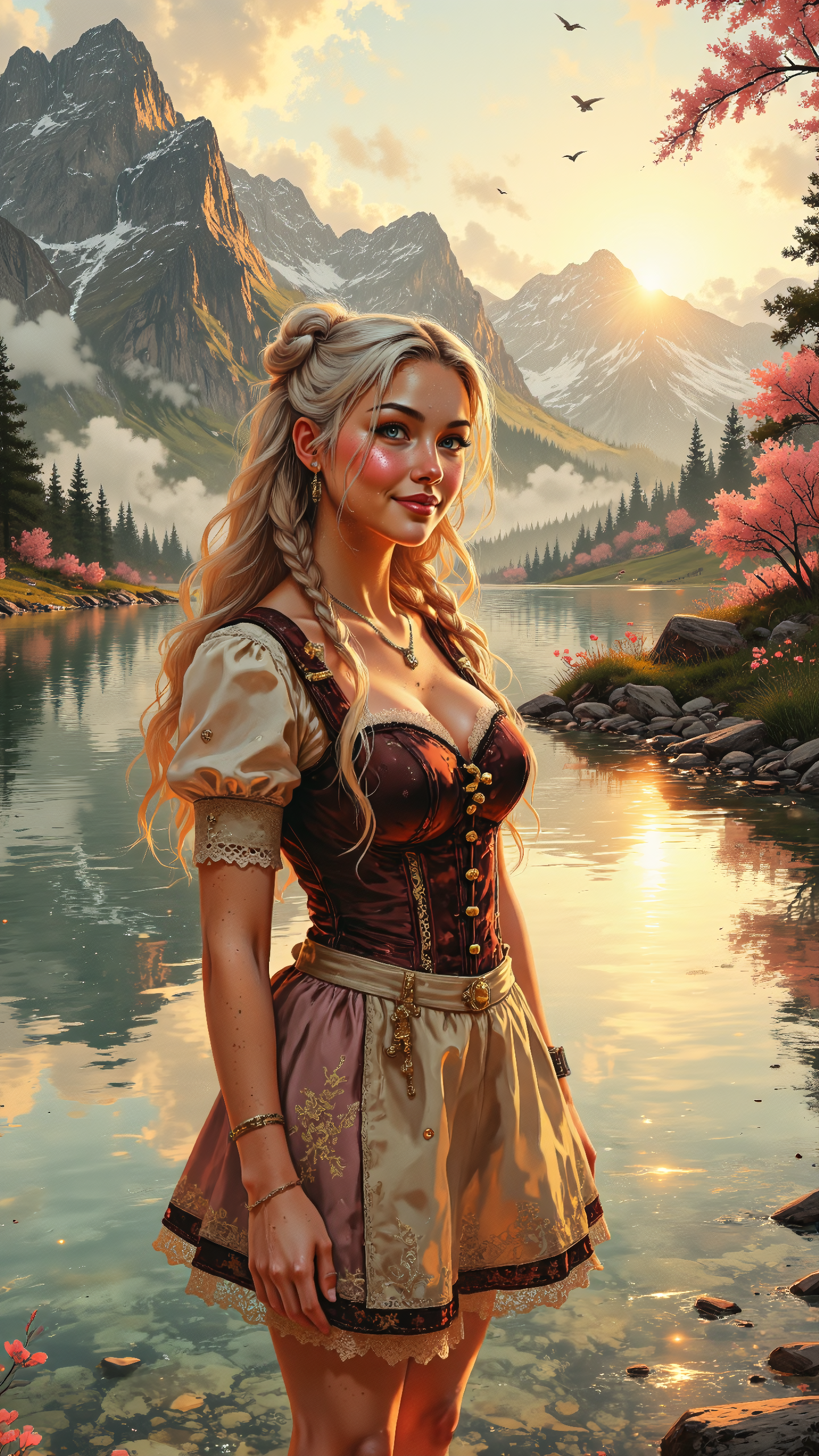 High-resolution anime-style illustration with bold, expressive brushstrokes and warm, golden sunlight. A stunning young woman stands near the edge of a crystal-clear alpine lake, nestled between majestic snow-capped mountains and lush spring meadows bathed in the soft, golden glow of the late afternoon sun. Her long, wavy platinum blonde hair, styled into elegant braided twintails, shimmers in the warm light, delicate strands catching in the gentle breeze. Her piercing blue eyes reflect the lakeâs surface as she gazes confidently across the tranquil water, her lips curved into a playful smile.
She wears a seductively modern take on a traditional dirndlâa low-cut, corset-style bodice in deep burgundy with intricate golden embroidery, cinching her waist and accentuating her curves. The short, layered skirt in soft cream and blush tones flutters slightly, revealing glimpses of lace-trimmed petticoats. Sheer puffed sleeves rest off her shoulders, adding a delicate yet sultry touch. One hand rests on her hip, while the other lifts slightly as if feeling the warmth of the setting sun, her posture effortlessly elegant yet playful.
The lakeâs glassy surface mirrors the golden sky, casting a radiant shimmer over the water, while gentle waves lap against the shore. The air is thick with the sweet scent of fresh grass and blooming wildflowers, and the distant sound of cowbells blends with birdsong. The warm sunlight filters through the cherry blossoms drifting lazily in the breeze, painting the landscape in hues of soft pink, deep green, and glowing amber, capturing the essence of a romantic Bavarian spring evening. <lora:Vibrantly_Dark_style_v.1:0.7000000000000001> <lora:Oil_Painting_style,_textured_brush_strokes:0.7000000000000001> <lora:Deepjourney:0.5>