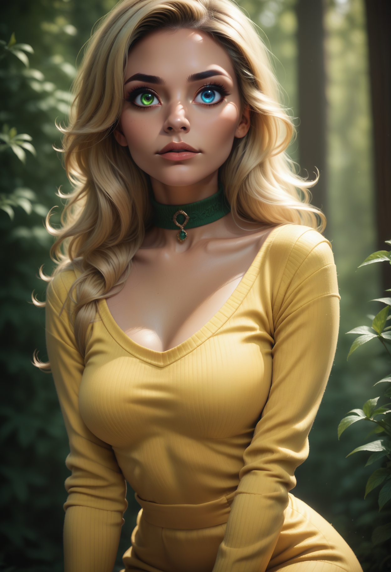 score_9, score_8_up, score_7_up,
1girl, solo, portrait, sexy sweater dress, yellow dress, scoop neck, long sleeves, green choker,
 <lora:Dark_Flavia_Pony_v0.1:0.5> d4rkfl4v14, blue eyes, green eyes, heterochromia,