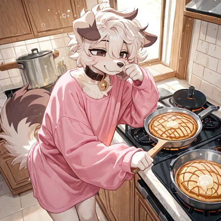 masterpiece, best quality, newest, absurdres, highres, furry, perfect anatomy, detailed background, detailed character, detailed face, 1nf1,1girl,solo,furry,furry female,dog girl,dog ears,short hair,white hair,brown eyes,snout,animal nose,collar,neck bell,body fur,two-tone fur,dog tail, indoors, kitchen, cooking, hand on pan, flipping pancakes, stove, pancakes, pink shirt, oversized shirt, shirt to legs, sleepy, messy hair, messy fur, smile, happy, standing, baggy eyes, half-closed eyes,