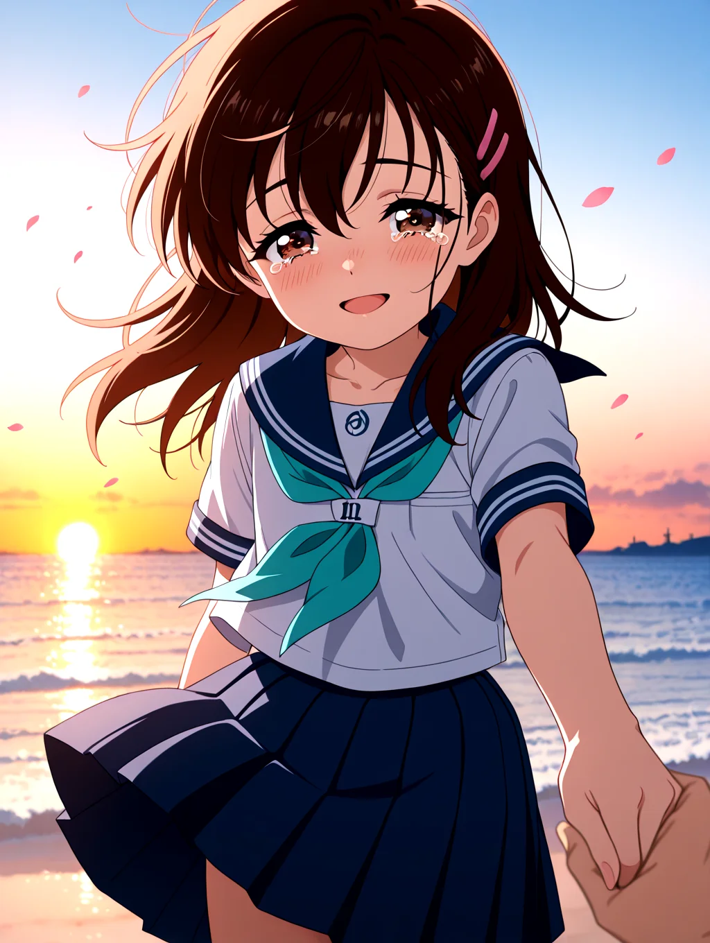 masterpiece,best quality,newest,absurdres,highres,detailed eyes,beautiful,detailed background,perfect eyes,anime coloring,anime screencap,white background,
nsfw,explicit,<lora:add-detail-xl:1>,<lora:ponyv4_noob1_2_adamW-000017:0.8>,wear clothes,
1girl,solo,outdoors,sea skyline,numerous flower(narcissu),sunset,sea,wind lift,narcissu_petals,mid_shot,head down,gloom,looking at viewer,smiling,holding hands,open mouth,tears,reaching towards viewer,
<lora:IL-SETSUMI-10:1>,narcissu,il-setsumi_sakura,brown hair,brown eyes,school uniform,long hair,white serafuku,pink hairclip,blue skirt,aqua neckerchief,age down,blue sailor collar,