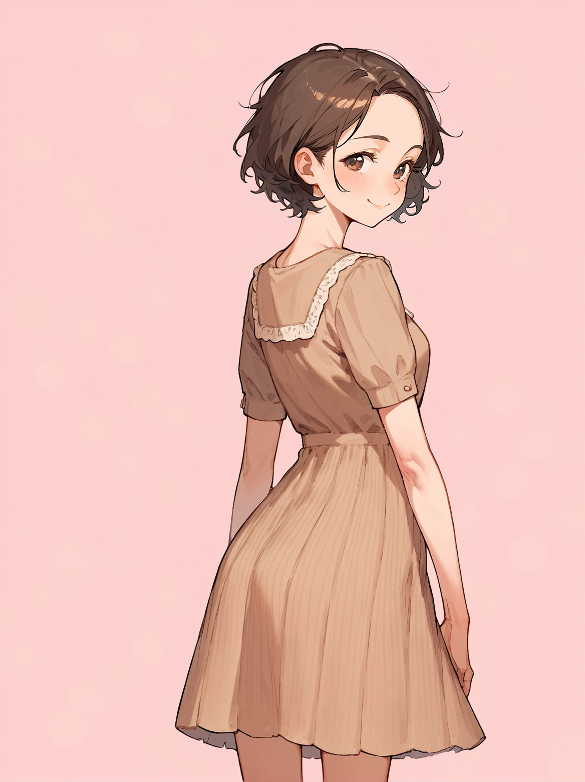 score_8_up, score_7_up, score_6_up, source_anime, 1girl, solo, simple background, pink background,
standing, pose, contrapposto, arched back, cowboy shot, from behind
smile
 <lora:Collared_Dress:1>
short dress,
brown dress