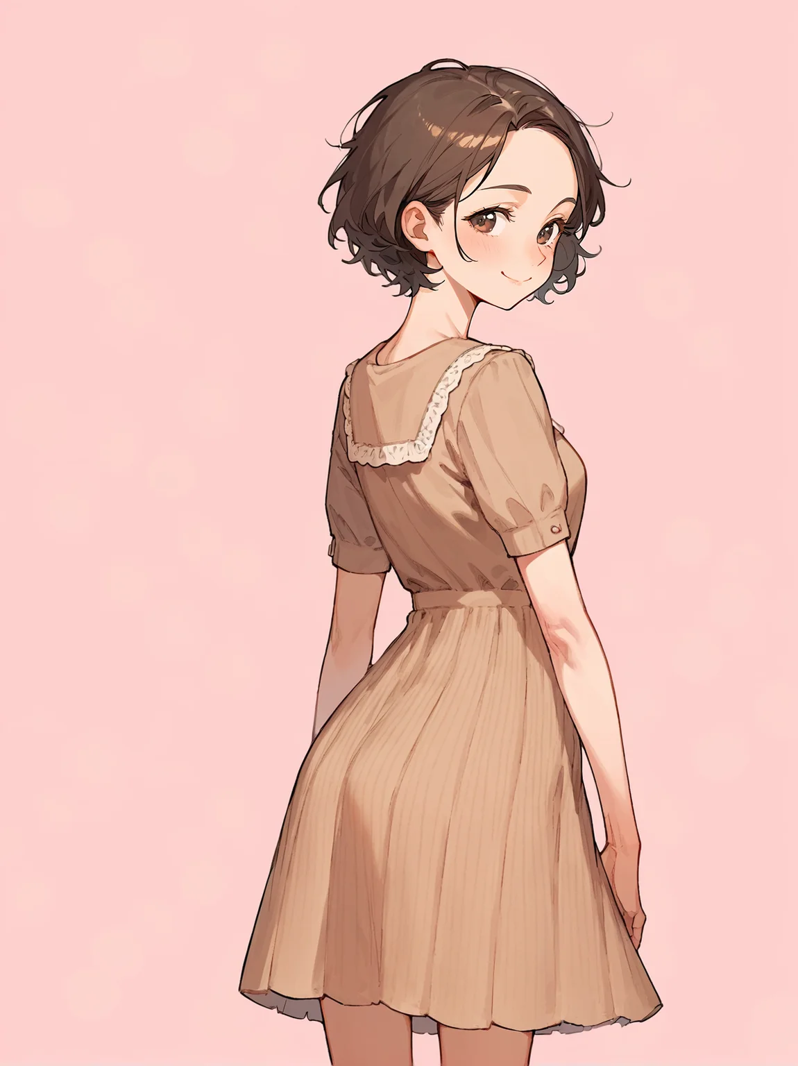 score_8_up, score_7_up, score_6_up, source_anime, 1girl, solo, simple background, pink background,
standing, pose, contrapposto, arched back, cowboy shot, from behind
smile
<lora:Collared_Dress:1>
short dress,
brown dress