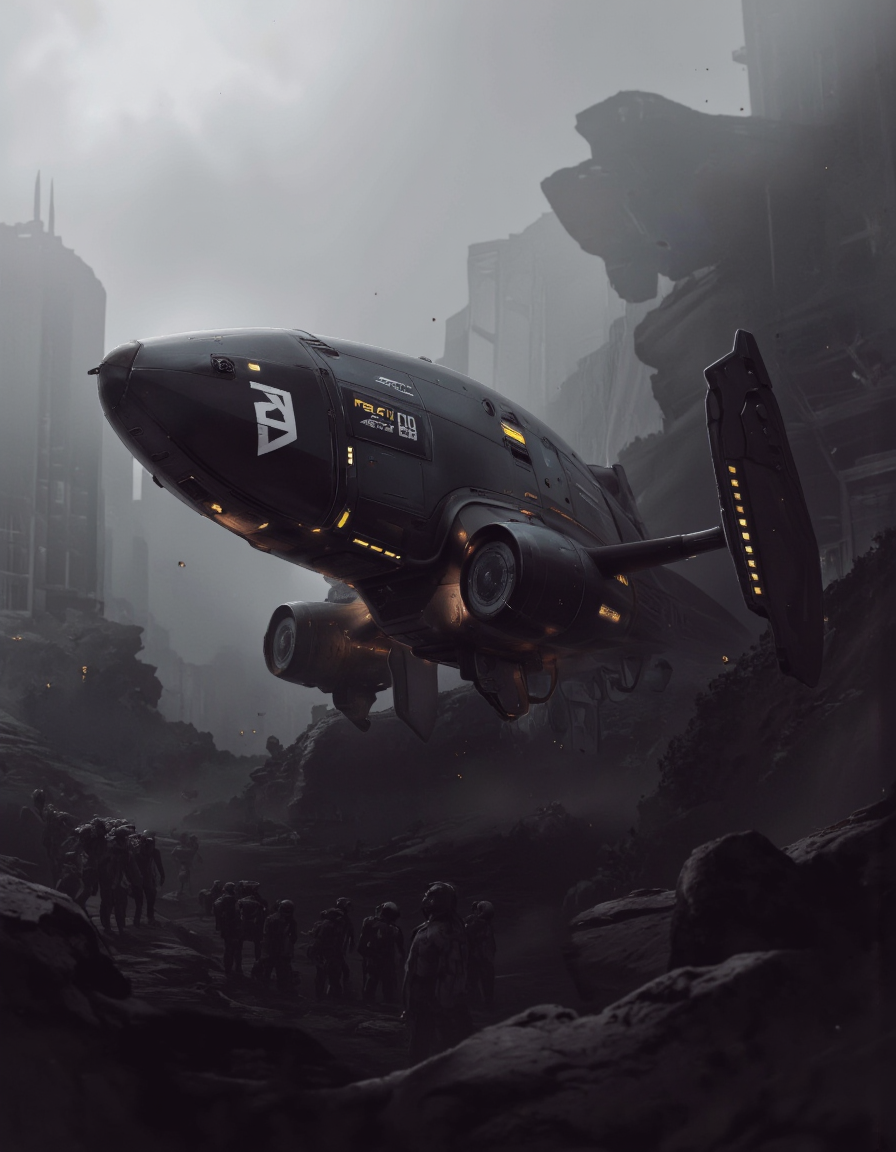 Daniel Hahn art. A futuristic, sci-fi digital illustration shoot from a low angle about a sleek, black spaceship flying over a futuristic cityscape in a foggy environment. the image also shows a dense cityscape with tall skyscrapers and metallic structures in the background. on the middle of the image, a large, sleek, futuristic spaceship appears to be in mid-flight, with a sleek design and glowing yellow lights. the spaceship has a white logo on the side, and it has a digital display that shows the time and other information. the spacecraft is positioned in the foreground, with the cityscape stretching out behind it, creating a sense of depth and dimension. the overall atmosphere is dark and moody, with an ethereal quality to the scene.