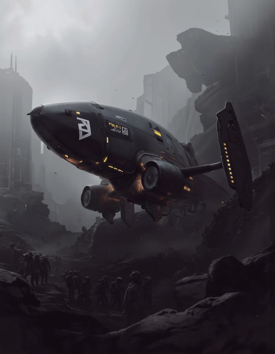 Daniel Hahn art. A futuristic, sci-fi digital illustration shoot from a low angle about a sleek, black spaceship flying over a futuristic cityscape in a foggy environment. the image also shows a dense cityscape with tall skyscrapers and metallic structures in the background. on the middle of the image, a large, sleek, futuristic spaceship appears to be in mid-flight, with a sleek design and glowing yellow lights. the spaceship has a white logo on the side, and it has a digital display that shows the time and other information. the spacecraft is positioned in the foreground, with the cityscape stretching out behind it, creating a sense of depth and dimension. the overall atmosphere is dark and moody, with an ethereal quality to the scene.