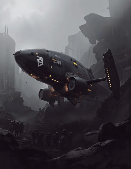 Daniel Hahn art. A futuristic, sci-fi digital illustration shoot from a low angle about a sleek, black spaceship flying over a futuristic cityscape in a foggy environment. the image also shows a dense cityscape with tall skyscrapers and metallic structures in the background. on the middle of the image, a large, sleek, futuristic spaceship appears to be in mid-flight, with a sleek design and glowing yellow lights. the spaceship has a white logo on the side, and it has a digital display that shows the time and other information. the spacecraft is positioned in the foreground, with the cityscape stretching out behind it, creating a sense of depth and dimension. the overall atmosphere is dark and moody, with an ethereal quality to the scene.
