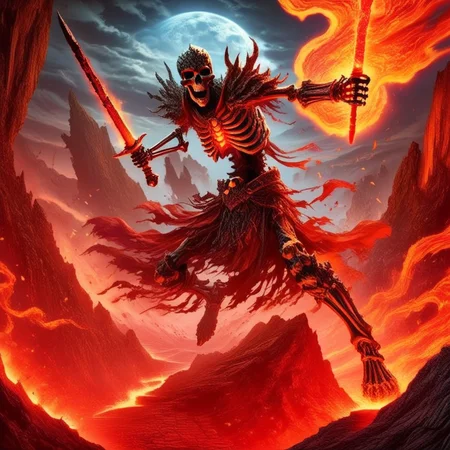 anime artwork skellies, skeletal warrior, leaping into the air, holding a flaming sword, ancient volcanic terrain, flowing lava, fiery embers, dynamic pose, high angle, intense red lighting, epic action, dramatic scene<lora:Skeletal Warriors- sdxl1.0:1> . anime style, key visual, vibrant, studio anime, highly detailed