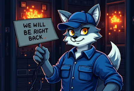 pixel art style, furry, male anthro wolf, blue engineer clothes, blue cap, yellow eyes, looking at viewer, tired, tangled in wires, holding wire plug, upper body, burning server room background, speech bubble you can see a sign that says "We will be right back", meme