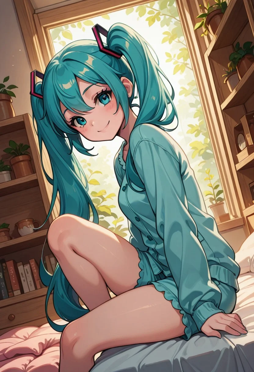 1girl, hatsune miku, loungewear,
sitting at the edge of bed, smile, looking at viewer,
cozybedroom, modern cozy bedroom, Bookshelves, desk, plant, bed, bright, morning,
dutch angle, side view, detailed background, great lighting, masterpiece, best quality, amazing quality