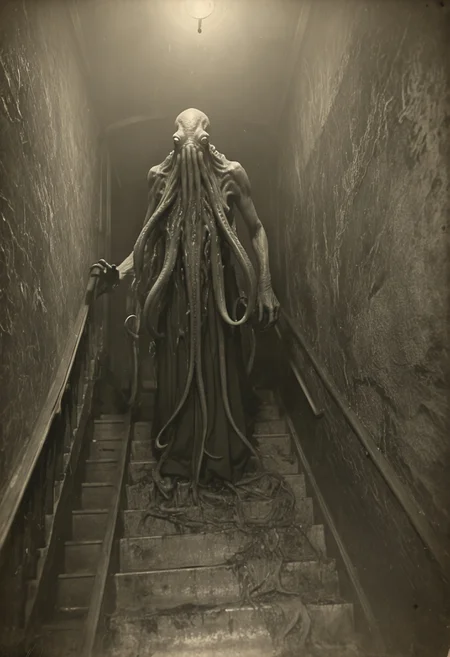 antique photo, eerie atmosphere, creepy, descent into madness, cthulhu mythos, nameless ones, horror, lovecraft, <lora:Antique_Photo:1>