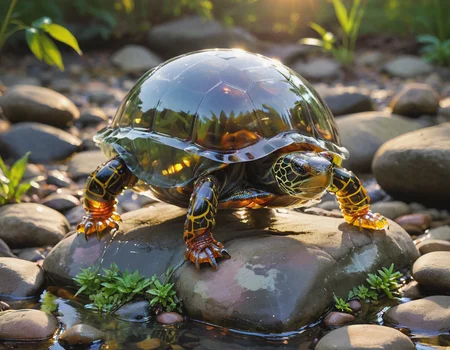 A sleek futuristic translucent glass box turtle perches gracefully on a smooth river rock in the middle of a small stream, its webbed robot feet dangling just above the tranquil waters, The serene scene is bathed in warm hues as the sun sets in the distance, casting an ethereal glow over everything, evocative image exudes a sense of peacefulness and wonder, inviting viewers to lose themselves in its dreamy atmosphere, <lora:f412glass_base_c:0.8>, <lora:xl_more_art-full_v1:0.6>,