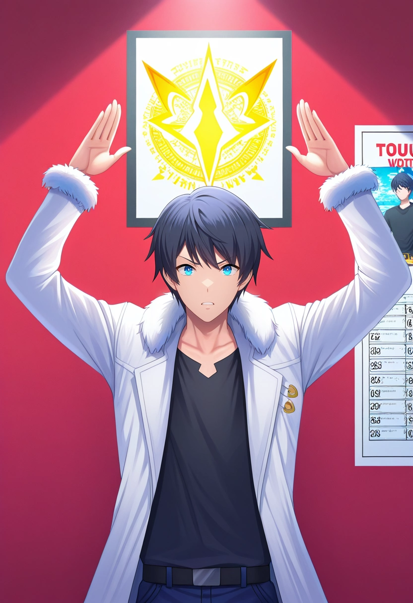 masterpiece, best quality, , (realistic:0.6),, 1boy, solo, male focus, <lora:touya_mochizuki_ilxl:0.98>, touya_mochizuki, black hair, blue eyes, black shirt, white coat, fur trim, urban gym, sleek equipment, motivational posters, glowing mirrors, lifting pose, determined expression, energetic vibe,