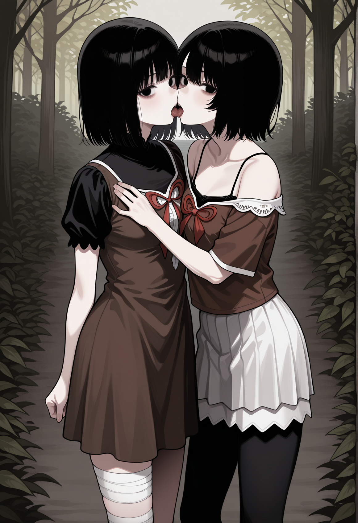 2girls, tiwns, french kiss, outdoors, hunted forest, horror \(theme\), looking at viewer, 1girl, mayu, short hair, black hair, black eyes, short dress, brown dress, ribbon, black sleeves, turtleneck, bandaged leg 
BREAK 
2girls, tiwns, french kiss, outdoors, hunted forest, horror \(theme\), looking at viewer, 1girl, mio, short hair, black hair, black eyes, brown shirt, ribbon, white skirt, skirt, brown sleeves, camisole, leggings <lora:Miu_and_Mayu_fatal_frame:1>, masterpiece, best quality, amazing quality, very aesthetic, absurdres, highres, newest