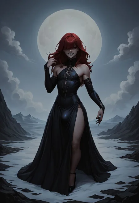 score_9, score_8_up 1femboy, adult, thick body, long straight red hair, bangs covering eyes, Little black dress, , strappy heels, hands extended out, large bulge in skirt, evil grin, intricate scenery, very detailed, amazing aestethics, , (full body, laying on back, front:1.1), upper body, looking at viewer, dark theme, low light,