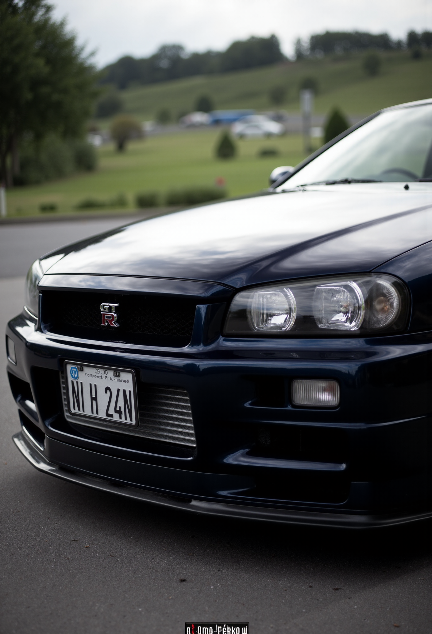 <lora:Nissan_Skyline_GT-R_R34:0.8> A slightly close shot of a modified Nissan Skyline GT-R R34 in all its shining glory. Mirror-like, flossy finish.
