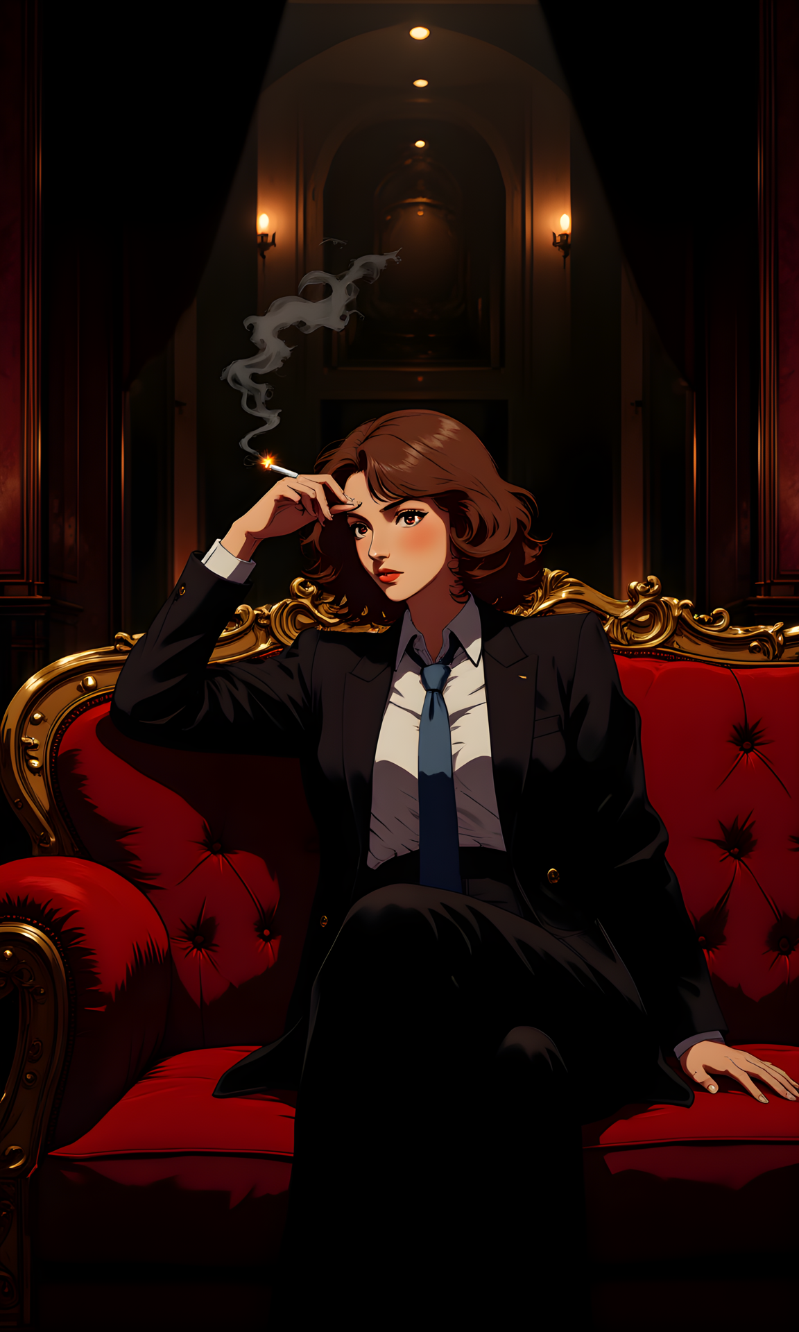 This is a photograph capturing a woman in a dramatic, moody setting. The woman is seated on a plush, red velvet sofa with an ornate, golden wooden frame. She has a fair complexion and shoulder-length, wavy brown hair. She is dressed in a sharp, black suit with a white dress shirt, unbuttoned at the collar, revealing a blue tie. Her left hand is raised to her forehead, and she has a contemplative, slightly pensive expression. A thin trail of smoke curls from a lit cigarette held between her fingers, adding an element of tension and sophistication.
The background is dimly lit, with a soft, ambient light that casts subtle shadows, enhancing the dramatic atmosphere. The room appears to be an opulent, vintage-style setting with dark, heavy curtains and a hint of a grand architectural feature in the background. The overall color palette is dominated by deep, rich reds and blacks, with the woman's white shirt contrasting sharply against the dark background. The photograph's composition and lighting evoke a sense of elegance, mystery, and introspection, creating a visually striking and emotionally charged image.
BREAK j_art, anime, anime art, <lora:FLUX\RetroAnimeS1.1:0.1>, <lora:FLUX\GLSHS:0.1>, <lora:FLUX\Dieselpunk Delight - s0_9 g4:0.1>, <lora:FLUX\Anime Art V3:0.1>, <lora:FLUX\jul\J_Anime:1.0>
