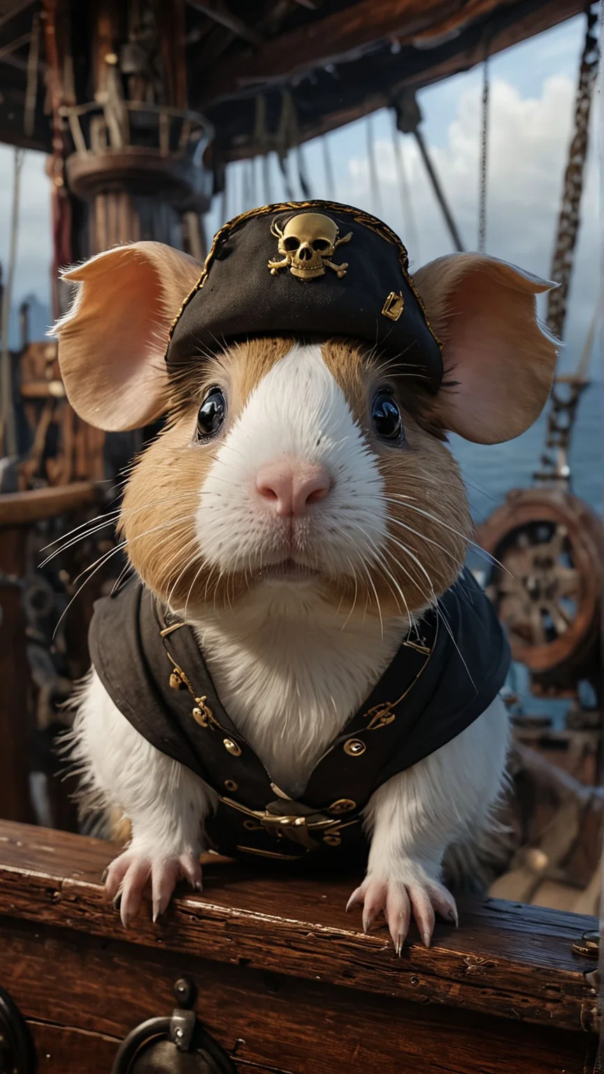 generate a 4K photo quality big ears and big eyes Guinea pig in a pirate captain outfit on a epic horror pirate ship staring at the camera with scenic background
Many details everywhere,many details, extreme detailed, full of details, Insane quality.
<lora:add-detail-xl:0.7>