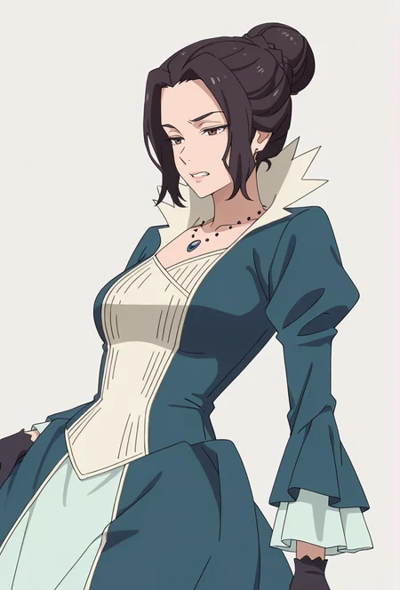 Smooth Quality,masterpiece,very intricate, high quality details, ultra realistic, high detailed skin,detailed enviorement,absurdres,
simple background, white background, 
leaning back,clenched teeth,
 <lora:Blumund_Queen_cnn:0.8>blumundqueencnn,1girl, black hair, hair bun,
long sleeves, blue dress, black gloves,jewelry, necklace,