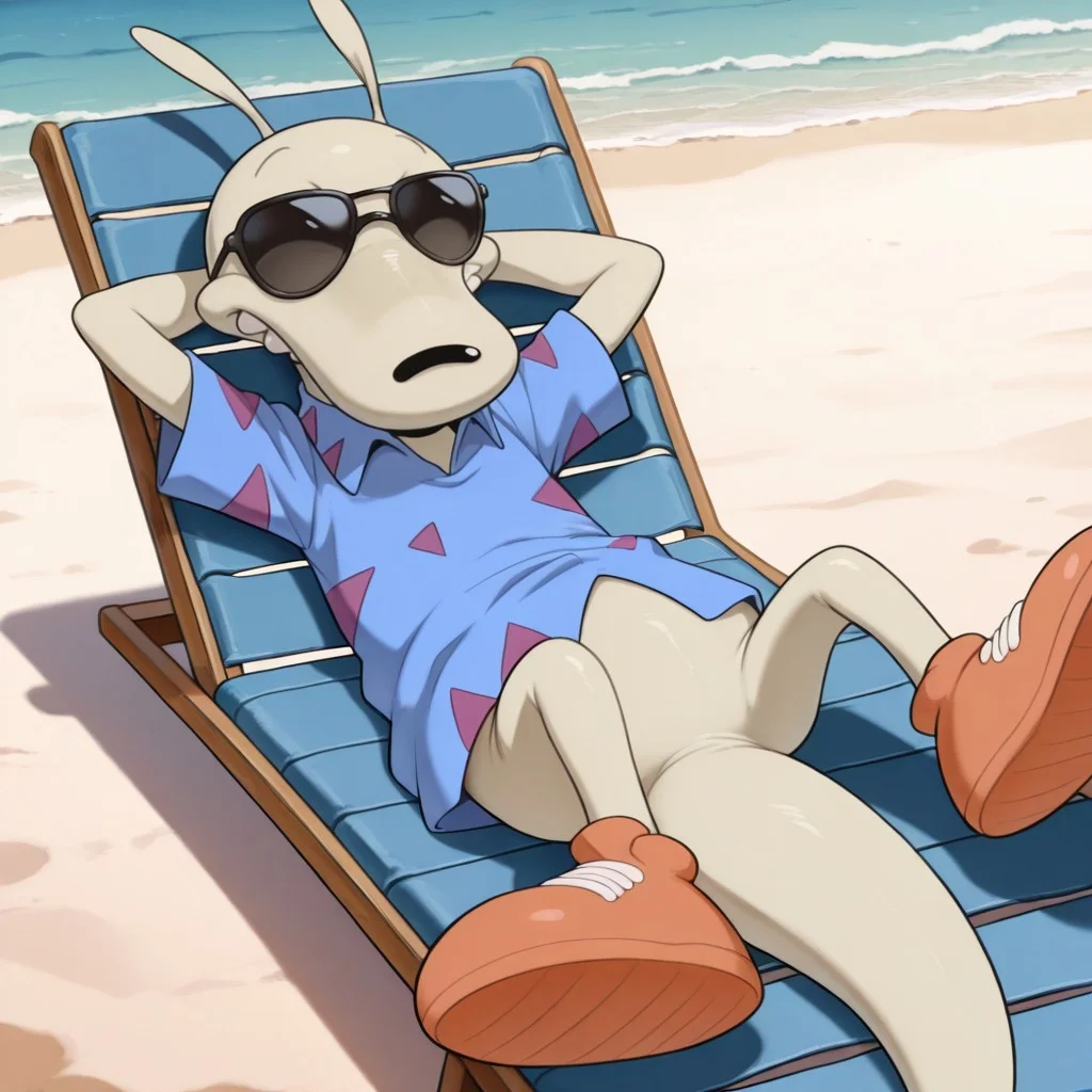 masterpiece, best quality, amazing quality, r0ckor4ma, male, furry male, anthro, solo, beige fur, black eyes, black nose, short ears, teeth, tail, short, blue shirt, short sleeves, pattern shirt, orange shoes, on beach chair, laying on back, sunglasses, arms behind head, outdoors, beach