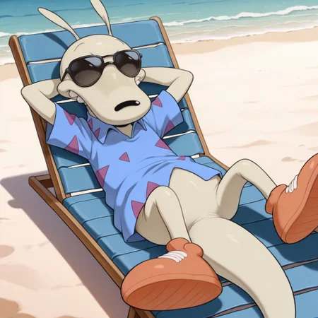 masterpiece, best quality, amazing quality, r0ckor4ma, male, furry male, anthro, solo, beige fur, black eyes, black nose, short ears, teeth, tail, short, blue shirt, short sleeves, pattern shirt, orange shoes, on beach chair, laying on back, sunglasses, arms behind head, outdoors, beach
