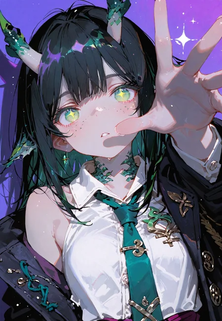 looking at viewer,above torso only, exired ,hands reaching to viewer, sparkling eyes

1 girl,petite,loose unruly messy hair,messy bangs,black hair,green accents hair,fair skin,dragon horns,green eyes,slit eyes,freckles

Large Black coat with green accent,coat hanging sleeves,white sleeveless buttoned shirt,green tie, exposed shoulder

Color background, bright purple background,shadow, light from front,glimmer, scales design, sparkling

Cunnystyle,748cmstyle,Smooth_Quality,dynamic pose, foreshortening, extreme perspective,masterpiece,best quality,amazing quality, aesthetic,bright colors,bold lines