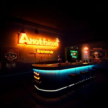 RAW photo, OverallDetail, (masterpiece:1.3), subsurface scattering, heavy shadow, (high quality:1.4), (intricate, high detail:1.2), professional photography, HDR, High Dynamic Range, realistic, ultra realistic, photorealistic, high resolution, film photography, ambient lighting, atmospheric effects, bar \(place\), black hair, bottle, cyberpunk, cyclu, drinking glass, graffiti, multiple boys, multiple girls, neon lights, shadow, standing, stool