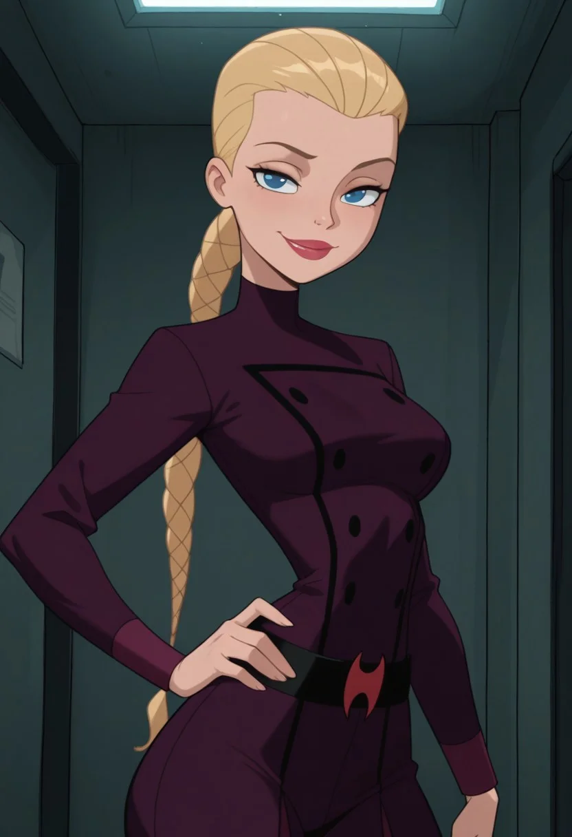 masterpiece, best quality, amazing quality, very aesthetic, absurdres, newest, 1girl, solo, indoors, looking at viewer, HuntsgirlS2, Human Female, Blue Eyes, Braided Ponytail, Low Ponytail, Long Ponytail, Blonde Ponytail, Blonde Hair, Hair Slicked Back, Lips, Red Lips, Blue Eyes, Braided Ponytail, Low Ponytail, Long Ponytail, Blonde Ponytail, Dark Purple Uniform, Waist Belt, cowboy shot, hand on hip, seductive smile