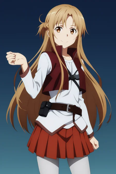 score_9, score_8_up, score_7_up, source anime, prefect lighting, very aesthetic, BREAK, anime coloring, anime screencap, official art,
<lora:asuna_sao_v2-pdv6:1>, 1girl, asuna \(sao\), sword art online, brown eyes, brown hair,
nbout, pleated skirt, red skirt, white pantyhose, belt, cropped vest,
BREAK, looking at viewer, smile,
BREAK,