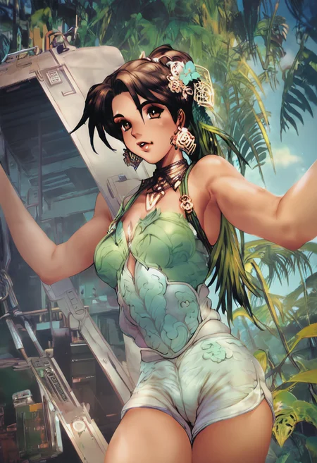 score_9, score_8_up, score_7_up, 1girl, mature_female, portrait, solo, Pretending to box, atmospheric_perspective, (Jungle green Bloomers), dark brown hair, head_out_of_frame, rating_safe, <lora:pony\artist_styles\masamune shirow_pony:1.2>
