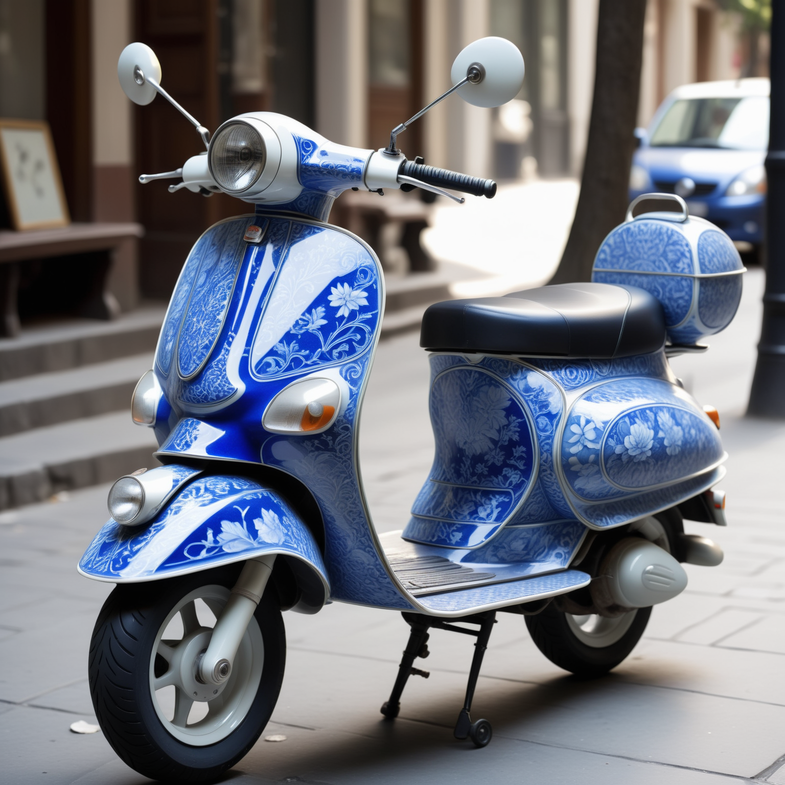 a scooter made out of Bluepatternporcelain on the street,  <lora:BluePatternPorcelainStyle:0.7>